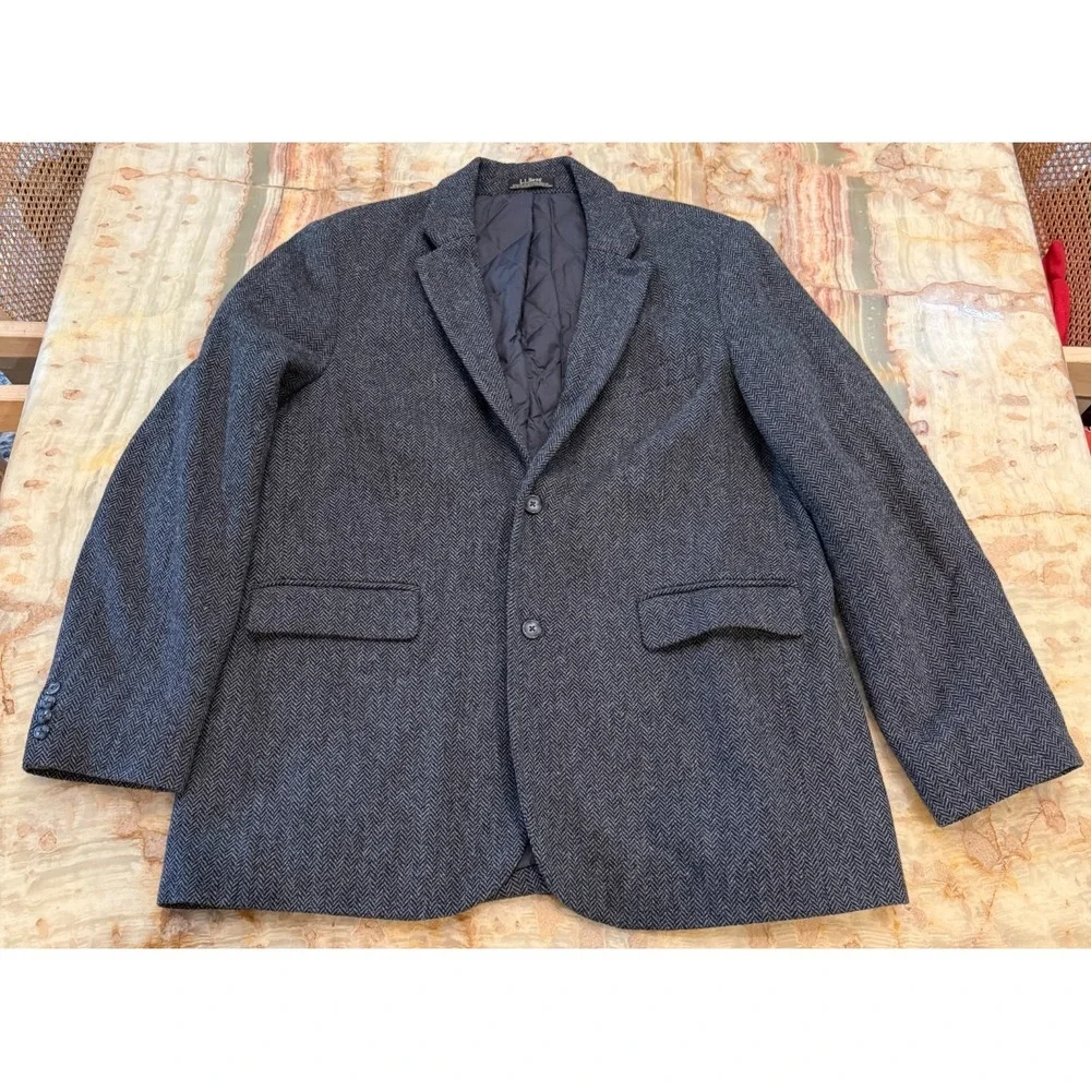 L.L.Bean Blazer Jacket Mens Gray Herringbone Single Breasted Notch Lapel 46T
